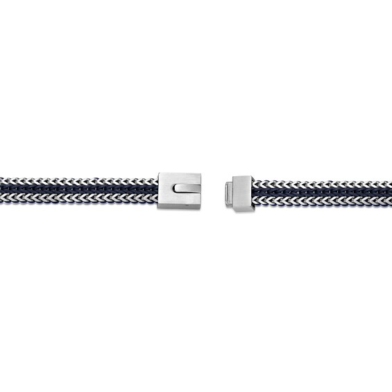 Foxtail Chain with Black Cord and Blue Leather Woven Bracelet in Solid Stainless Steel - 8.5"