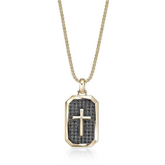 1/2 CT. T.w. Black Diamond Cross Octagon Dog Tag Pendant in Sterling Silver with 14K Gold Plate - 24"