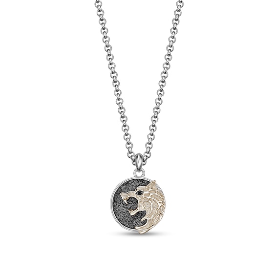 Black Spinel Textured Wolf Medallion Pendant in Sterling Silver and 14K Gold Plate - 20"