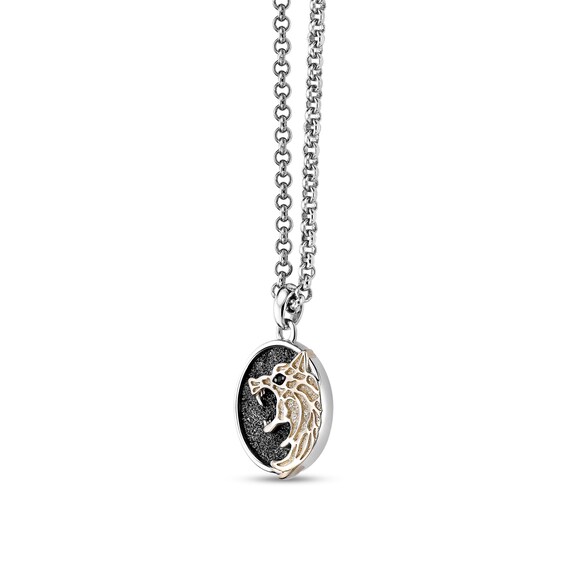 Black Spinel Textured Wolf Medallion Pendant in Sterling Silver and 14K Gold Plate - 20"