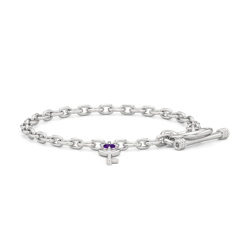Main Image 1 of 4.0mm Heart-Shaped Amethyst and White Lab-Created Sapphire Key Charm Toggle Bracelet in Sterling Silver - 7.5"