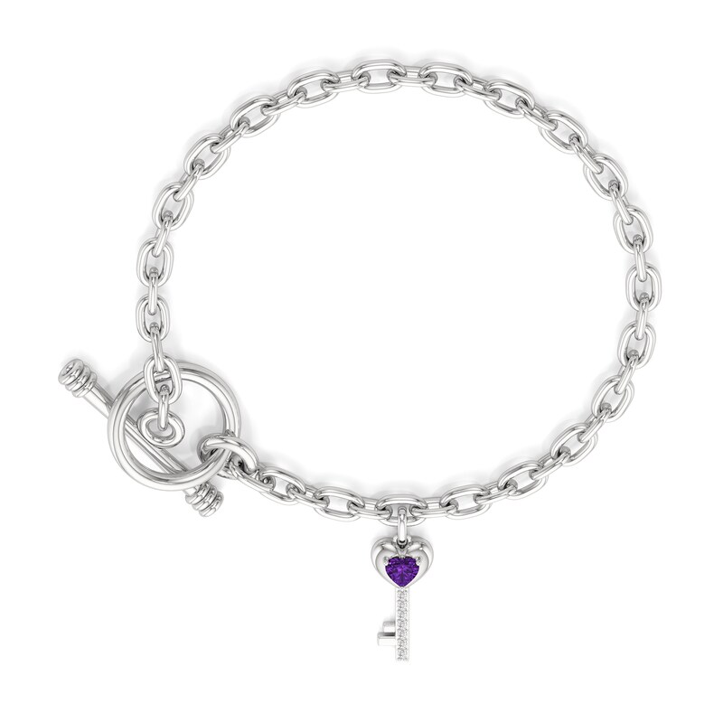 Main Image 2 of 4.0mm Heart-Shaped Amethyst and White Lab-Created Sapphire Key Charm Toggle Bracelet in Sterling Silver - 7.5"