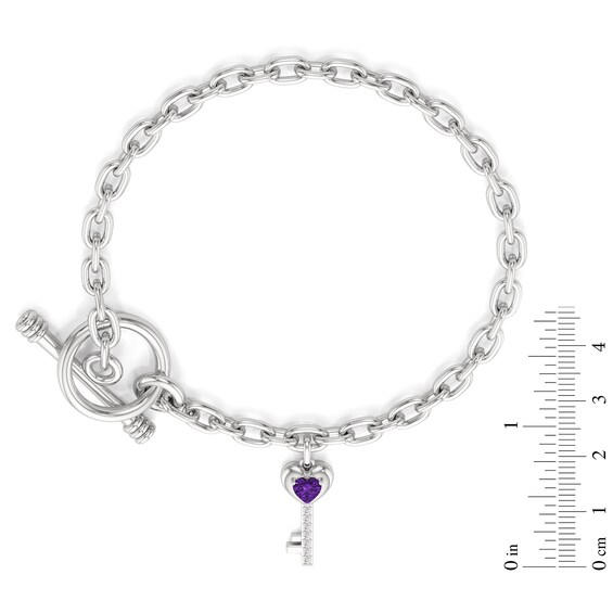 4.0mm Heart-Shaped Amethyst and White Lab-Created Sapphire Key Charm Toggle Bracelet in Sterling Silver - 7.5"