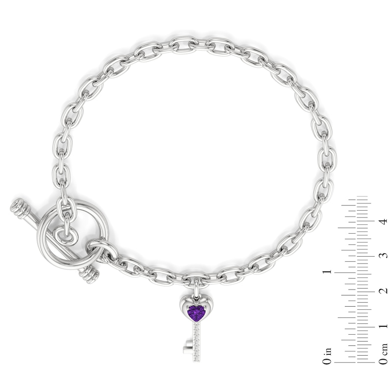 Main Image 3 of 4.0mm Heart-Shaped Amethyst and White Lab-Created Sapphire Key Charm Toggle Bracelet in Sterling Silver - 7.5"