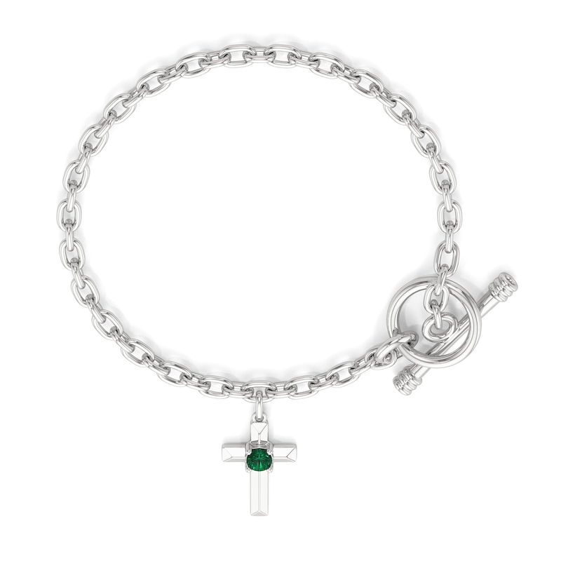 Main Image 1 of 4.0mm Lab-Created Emerald Cross Charm Toggle Bracelet in Sterling Silver - 7.5"