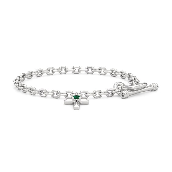 4.0mm Lab-Created Emerald Cross Charm Toggle Bracelet in Sterling Silver - 7.5"