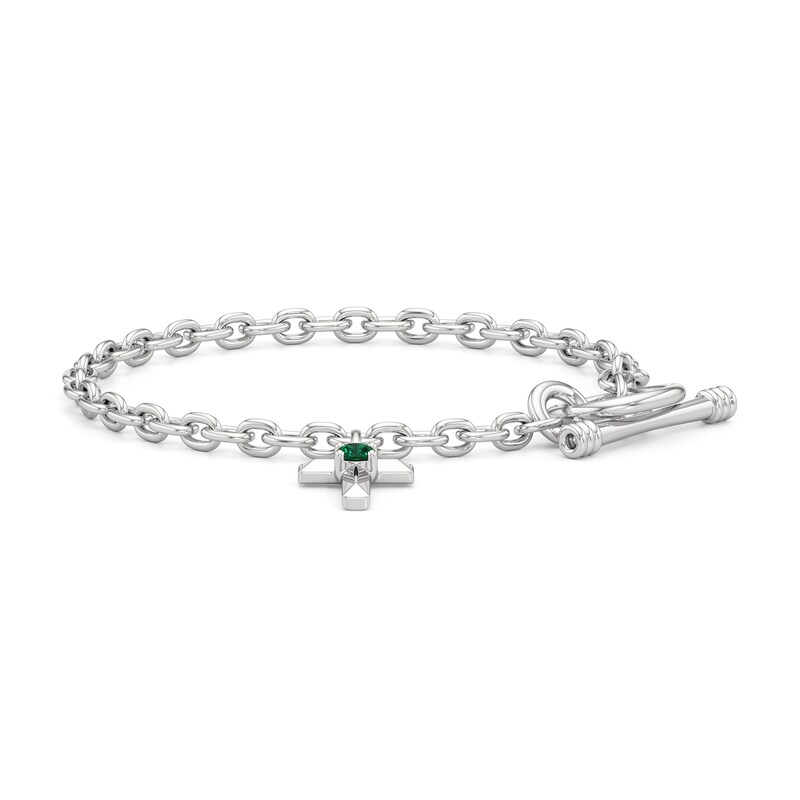 Main Image 2 of 4.0mm Lab-Created Emerald Cross Charm Toggle Bracelet in Sterling Silver - 7.5"