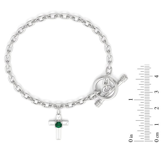 4.0mm Lab-Created Emerald Cross Charm Toggle Bracelet in Sterling Silver - 7.5"
