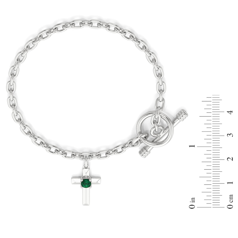 Main Image 3 of 4.0mm Lab-Created Emerald Cross Charm Toggle Bracelet in Sterling Silver - 7.5"
