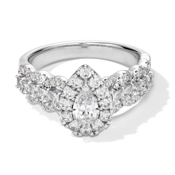1-1/2 CT. T.w. Pear-Shaped Diamond Frame Multi-Row Scallop Shank Engagement Ring in 14K White Gold - Size 7