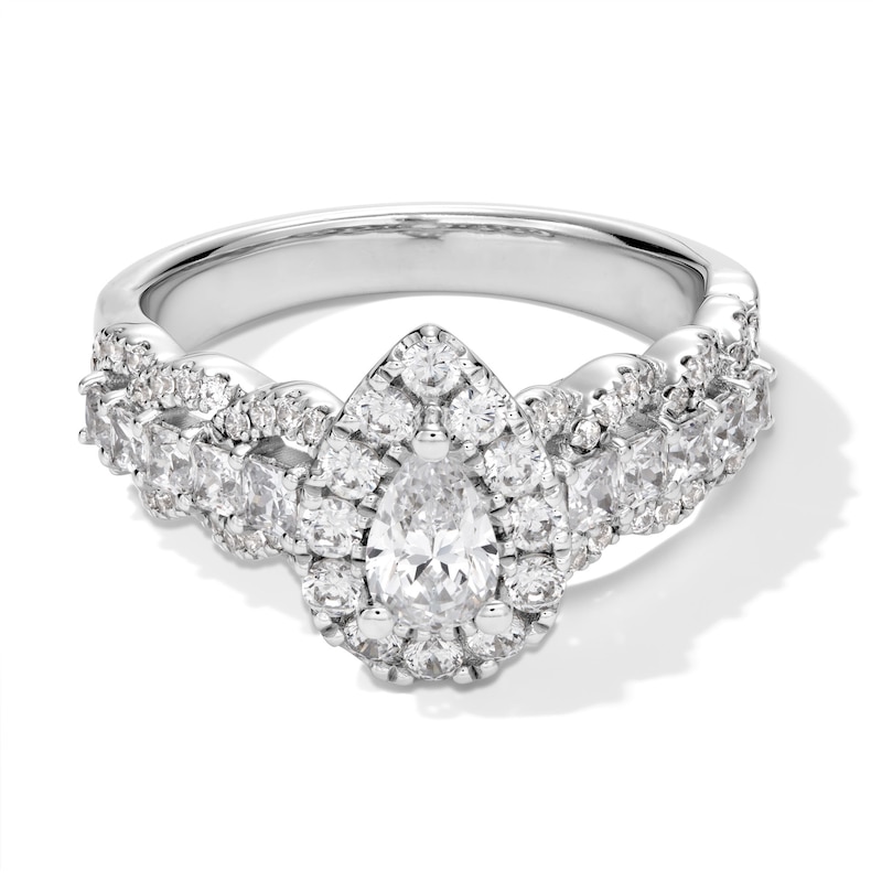 Main Image 1 of 1-1/2 CT. T.W. Pear-Shaped Diamond Frame Multi-Row Scallop Shank Engagement Ring in 14K White Gold - Size 7