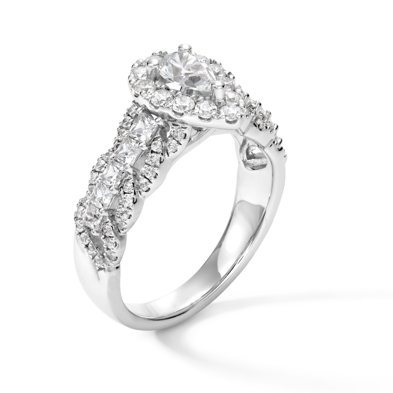 Main Image 3 of 1-1/2 CT. T.W. Pear-Shaped Diamond Frame Multi-Row Scallop Shank Engagement Ring in 14K White Gold - Size 7