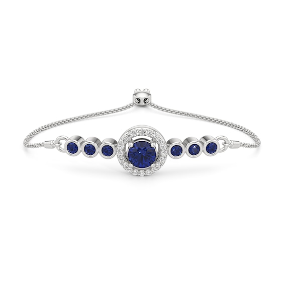 5.0mm Blue and White Lab-Created Sapphire Frame Bolo Bracelet in Sterling Silver - 7.5"