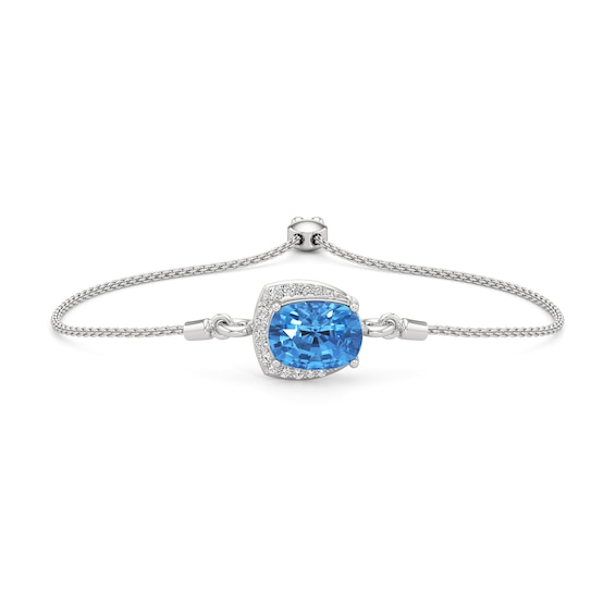 Cushion-Cut Swiss Blue Topaz and White Lab-Created Sapphire Frame Bolo Bracelet in Sterling Silver - 8.5"