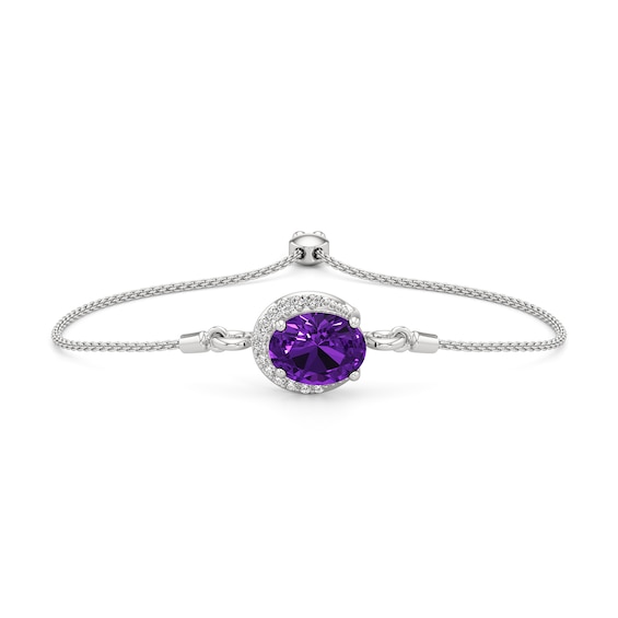 Oval Amethyst and White Lab-Created Sapphire Frame Bolo Bracelet in Sterling Silver - 8.5"