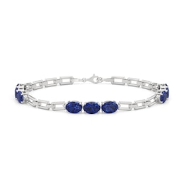 Oval Blue and White Lab-Created Sapphire Trio Alternating Link Chain Bracelet in Sterling Silver - 7.5"