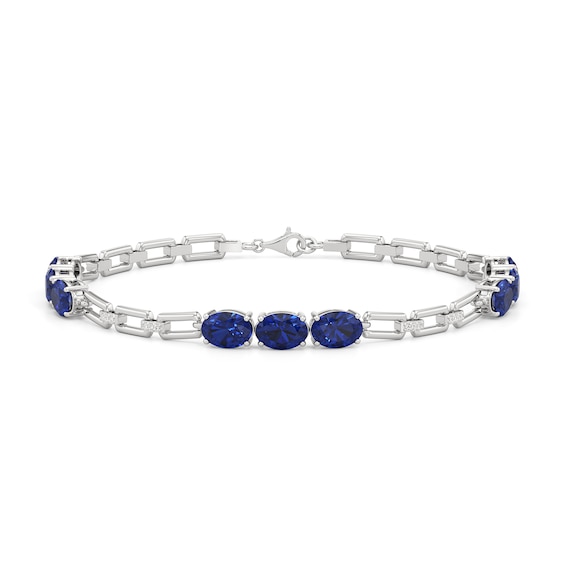 Oval Blue and White Lab-Created Sapphire Trio Alternating Link Chain Bracelet in Sterling Silver - 7.5"