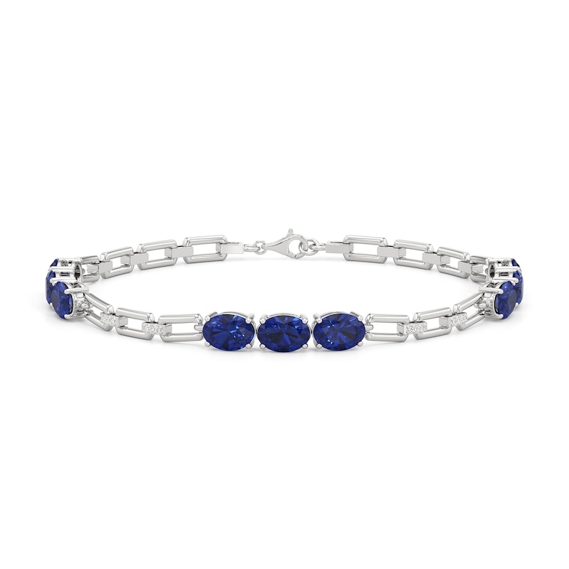 Main Image 1 of Oval Blue and White Lab-Created Sapphire Trio Alternating Link Chain Bracelet in Sterling Silver - 7.5"