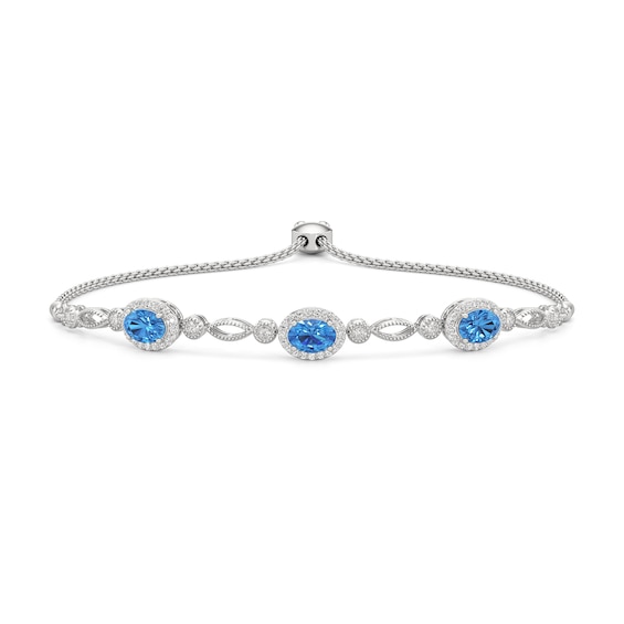 Oval Swiss Blue Topaz and White Lab-Created Sapphire Frame Alternating Bolo Bracelet in Sterling Silver - 7.5"