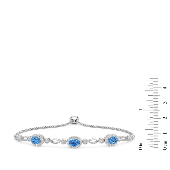 Oval Swiss Blue Topaz and White Lab-Created Sapphire Frame Alternating Bolo Bracelet in Sterling Silver - 7.5"