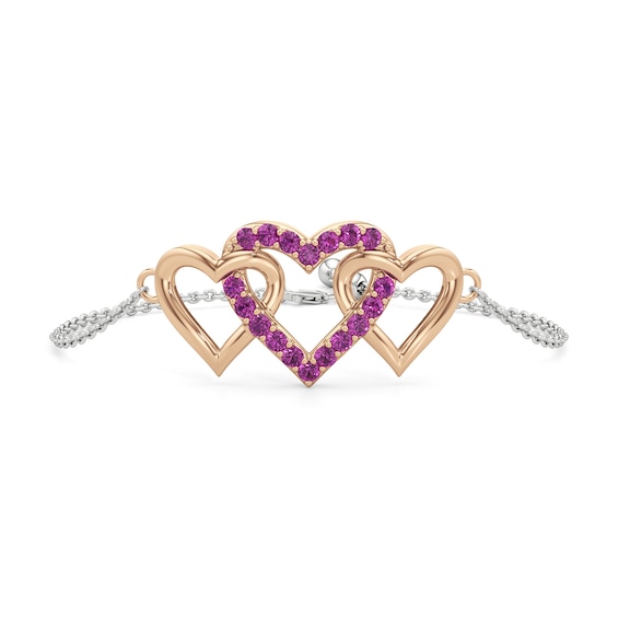 Pink Lab-Created Sapphire Interlocking Heart Trio Bracelet in Sterling Silver and 14K Rose Gold Plate - 7.5"