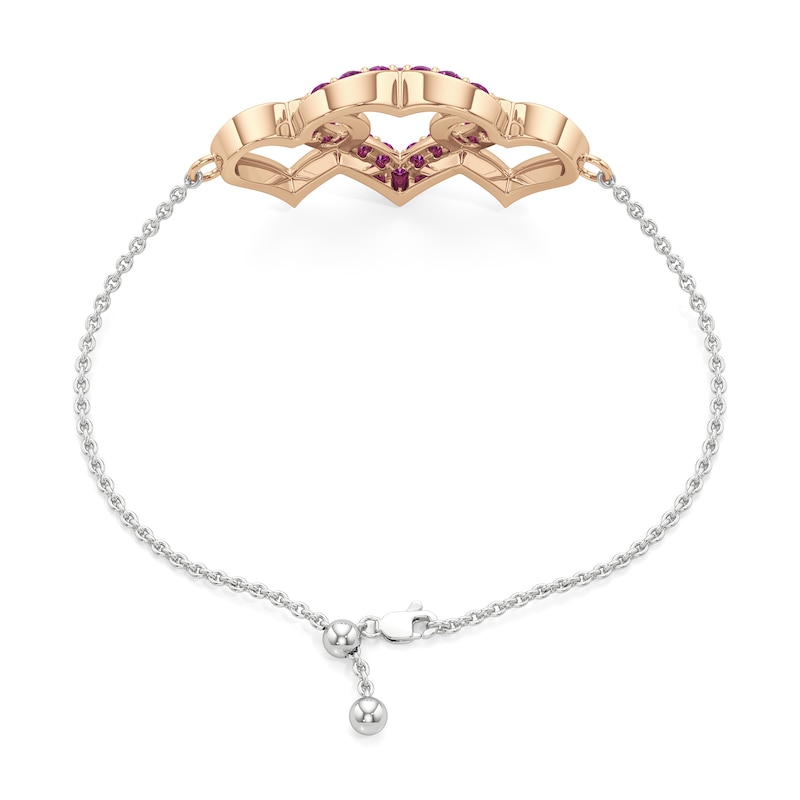 Main Image 2 of Pink Lab-Created Sapphire Interlocking Heart Trio Bracelet in Sterling Silver and 14K Rose Gold Plate - 7.5"