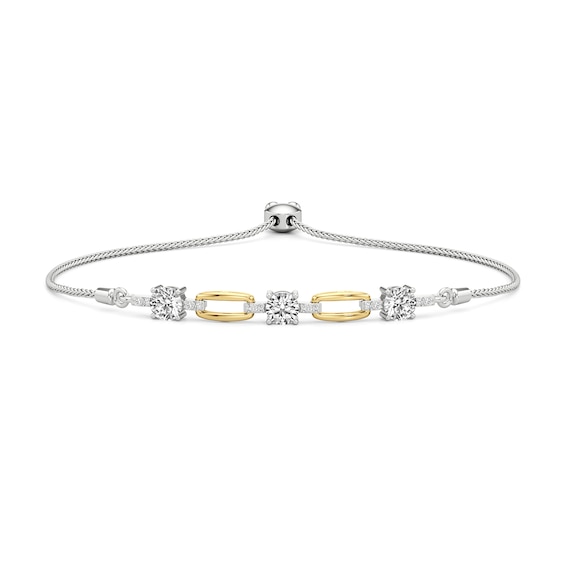 White Lab-Created Sapphire Chain Link Station Bolo Bracelet in Sterling Silver and 24K Gold Plate - 9.5"