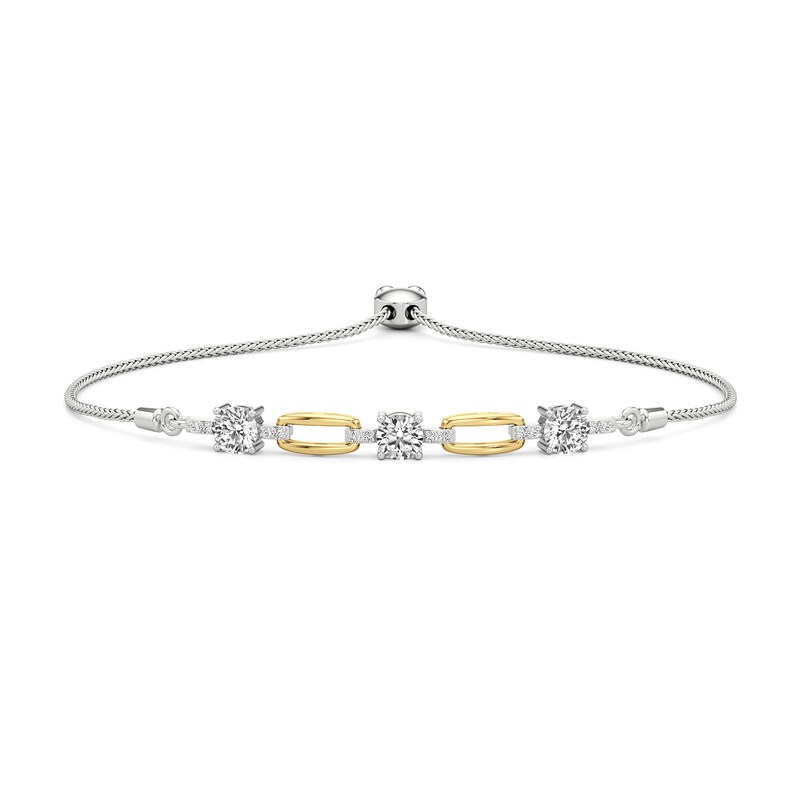 Main Image 1 of White Lab-Created Sapphire Chain Link Station Bolo Bracelet in Sterling Silver and 24K Gold Plate - 9.5"