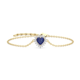 Heart-Shaped Blue and White Lab-Created Sapphire Sunburst Frame Bracelet in Sterling Silver with 24K Gold Plate