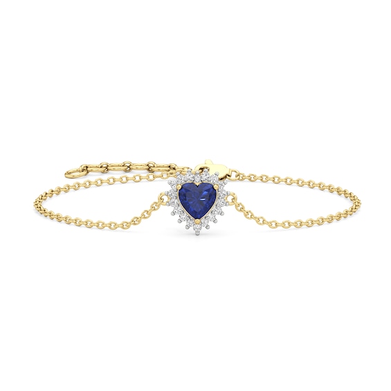 Heart-Shaped Blue and White Lab-Created Sapphire Sunburst Frame Bracelet in Sterling Silver with 24K Gold Plate