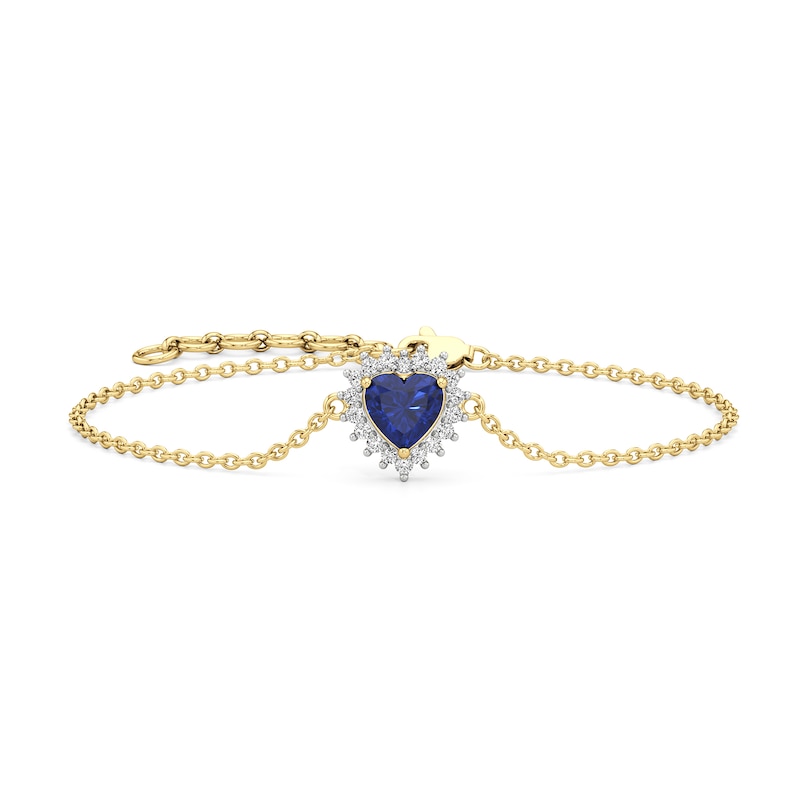 Main Image 1 of Heart-Shaped Blue and White Lab-Created Sapphire Sunburst Frame Bracelet in Sterling Silver with 24K Gold Plate