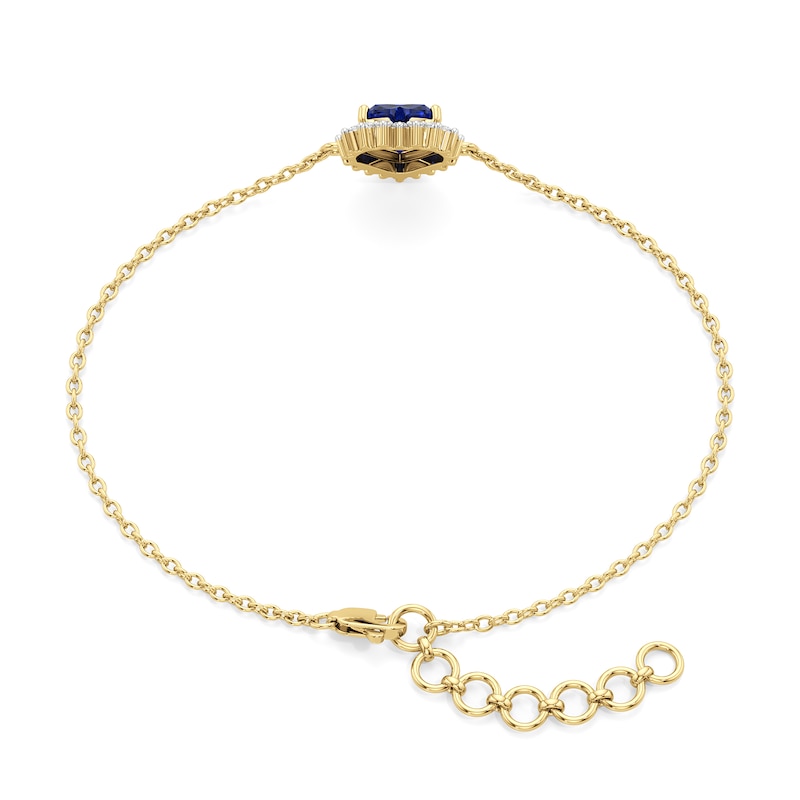 Main Image 2 of Heart-Shaped Blue and White Lab-Created Sapphire Sunburst Frame Bracelet in Sterling Silver with 24K Gold Plate
