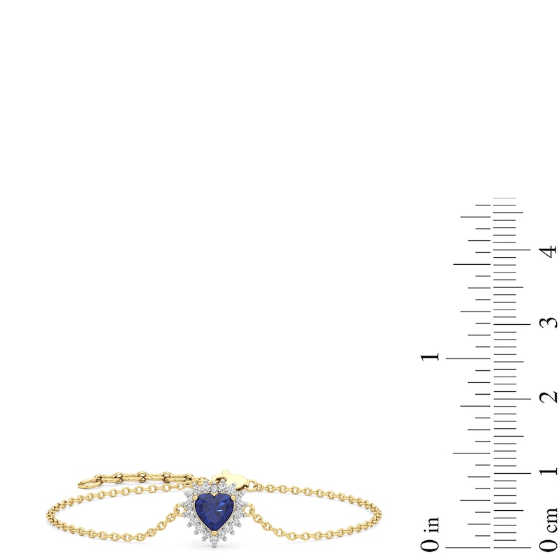 Main Image 3 of Heart-Shaped Blue and White Lab-Created Sapphire Sunburst Frame Bracelet in Sterling Silver with 24K Gold Plate