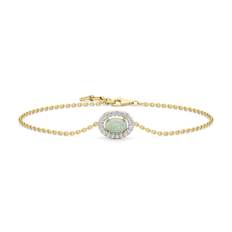 Main Image 1 of Oval Lab-Created Opal and White Lab-Created Sapphire Frame Bracelet in Sterling Silver with 24K Gold Plate