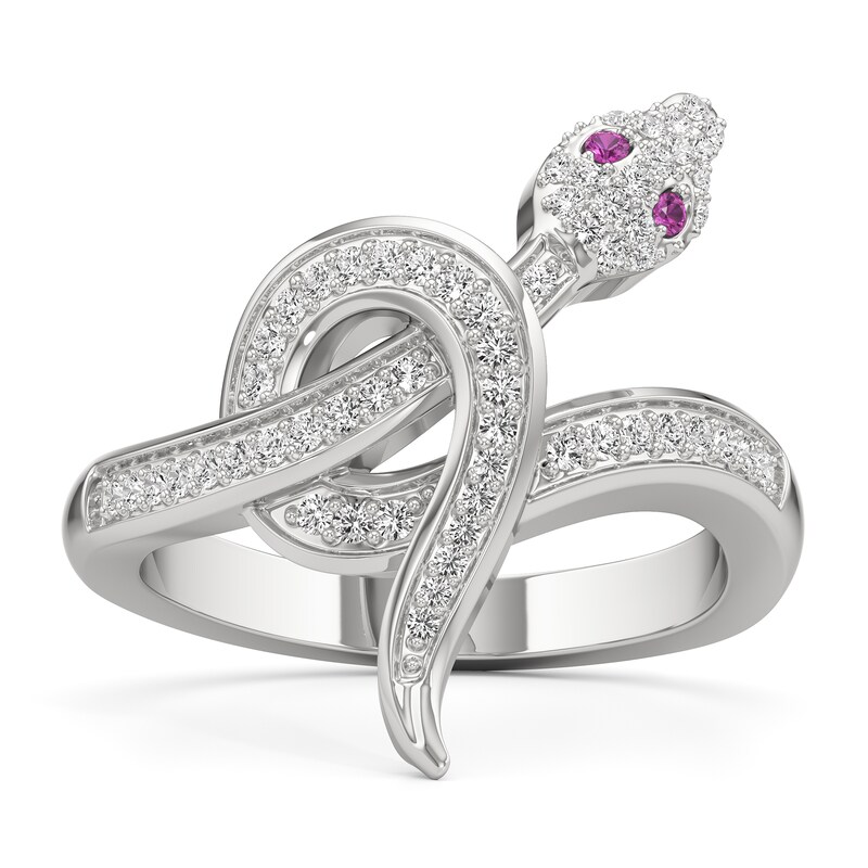 Main Image 1 of Pink and White Lab-Created Sapphire Snake Ring in Sterling Silver