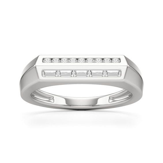 Baguette and Round White Lab-Created Sapphire Bar Ring in Sterling Silver
