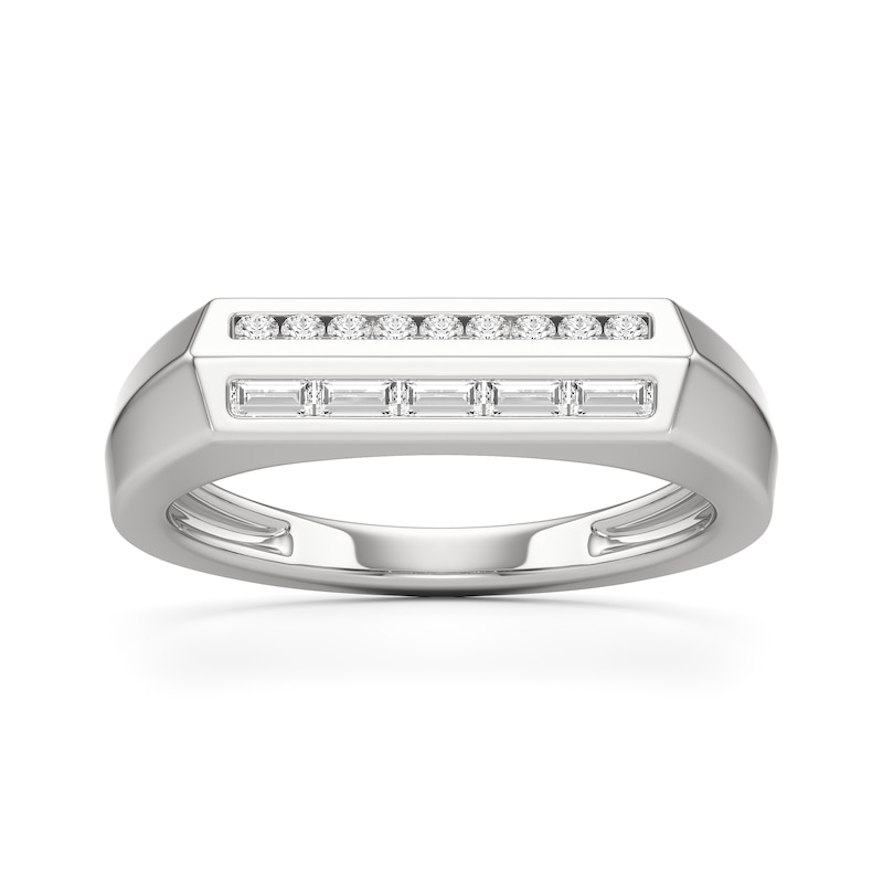 Main Image 1 of Baguette and Round White Lab-Created Sapphire Bar Ring in Sterling Silver