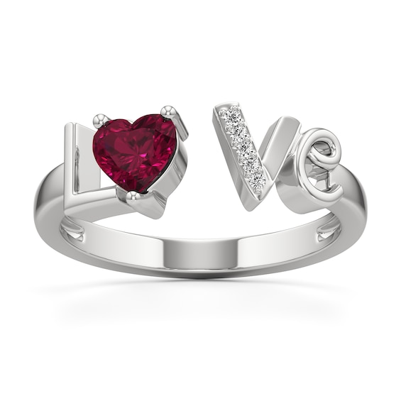 5.0mm Heart-Shaped Lab-Created Ruby and White Lab-Created Sapphire "Love" Open Shank Ring in Sterling Silver
