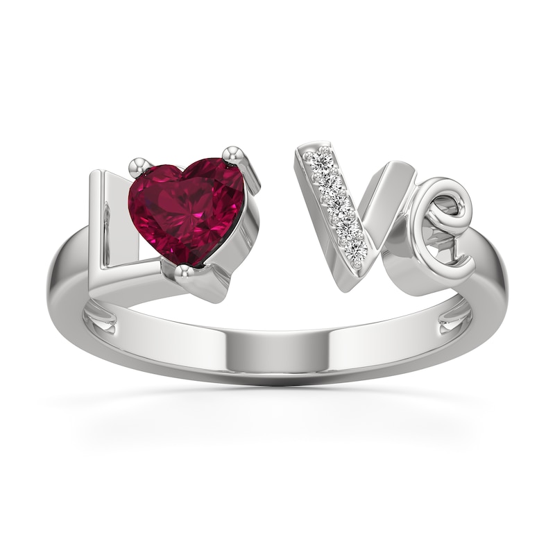 Main Image 1 of 5.0mm Heart-Shaped Lab-Created Ruby and White Lab-Created Sapphire "Love" Open Shank Ring in Sterling Silver