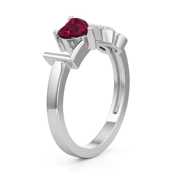 5.0mm Heart-Shaped Lab-Created Ruby and White Lab-Created Sapphire "Love" Open Shank Ring in Sterling Silver