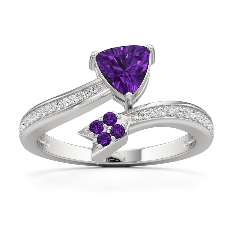 Main Image 1 of 6.0mm Trillion-Cut Amethyst and White Lab-Created Sapphire Bypass Arrow Ring in Sterling Silver