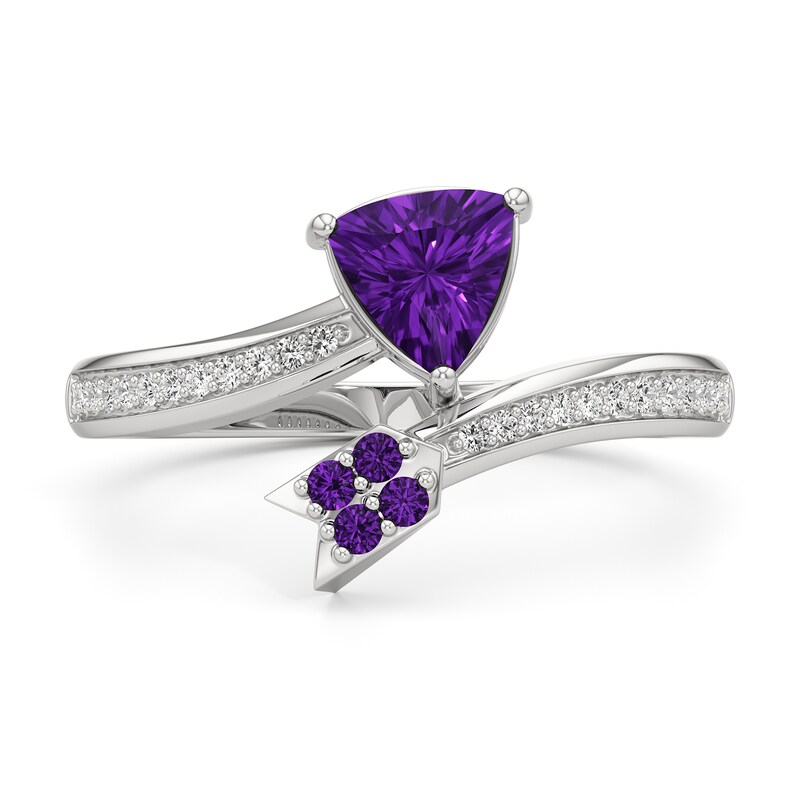 Main Image 2 of 6.0mm Trillion-Cut Amethyst and White Lab-Created Sapphire Bypass Arrow Ring in Sterling Silver