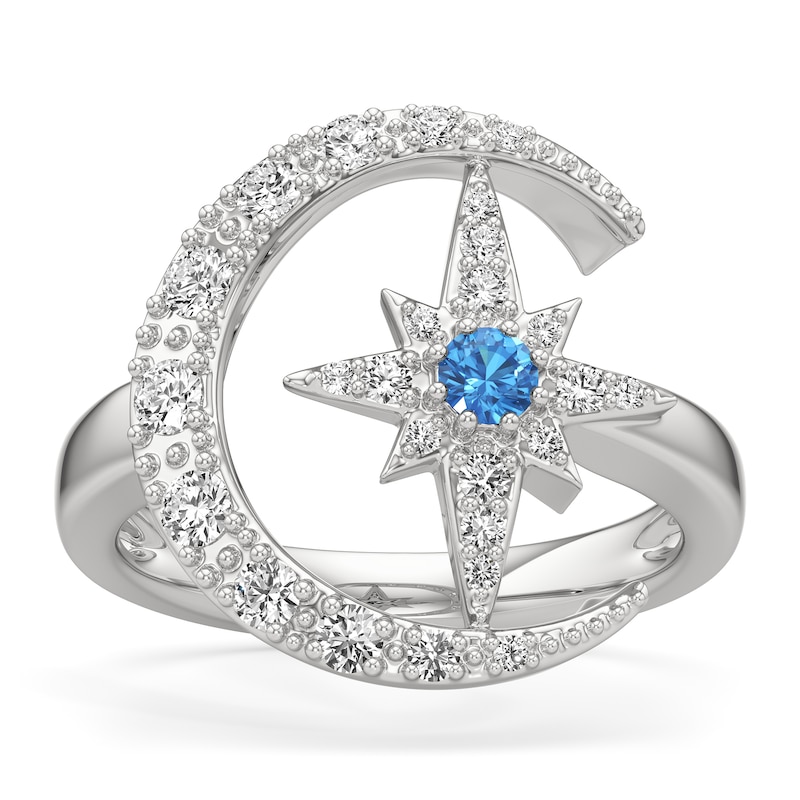 Main Image 1 of Swiss Blue Topaz and White Lab-Created Sapphire Moon and Star Ring in Sterling Silver