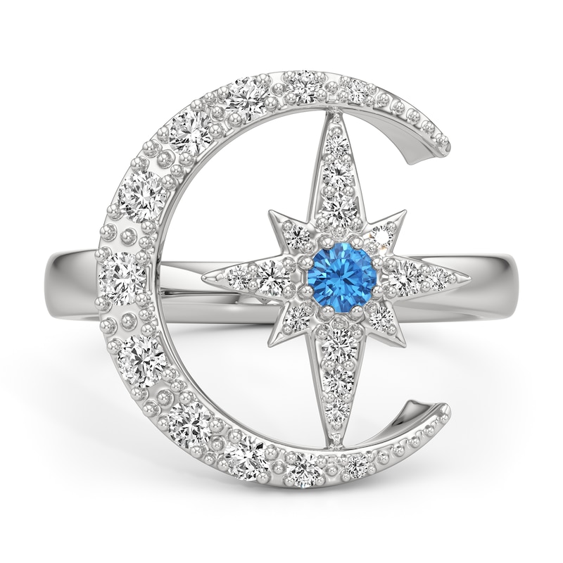 Main Image 2 of Swiss Blue Topaz and White Lab-Created Sapphire Moon and Star Ring in Sterling Silver