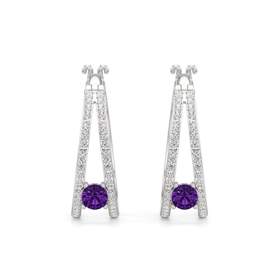 4.0mm Amethyst and White Lab-Created Sapphire Split Hoop Earrings in Sterling Silver