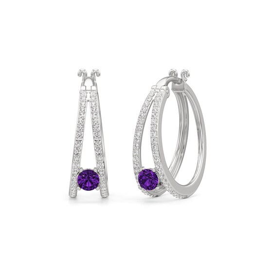 4.0mm Amethyst and White Lab-Created Sapphire Split Hoop Earrings in Sterling Silver
