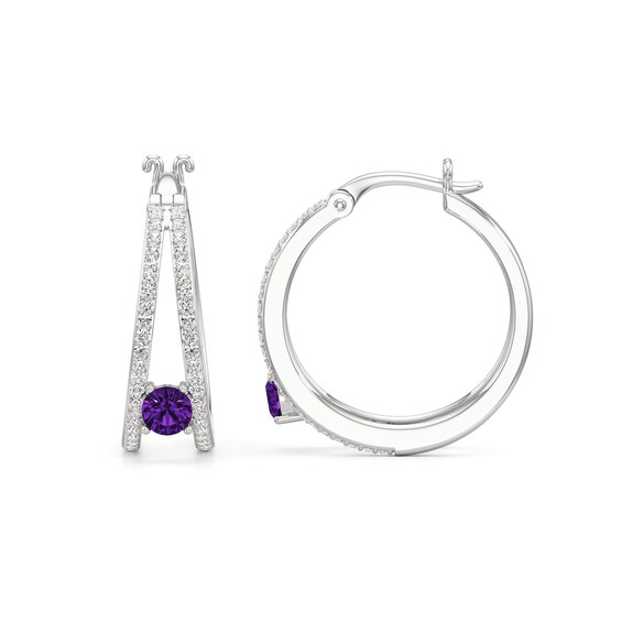 4.0mm Amethyst and White Lab-Created Sapphire Split Hoop Earrings in Sterling Silver