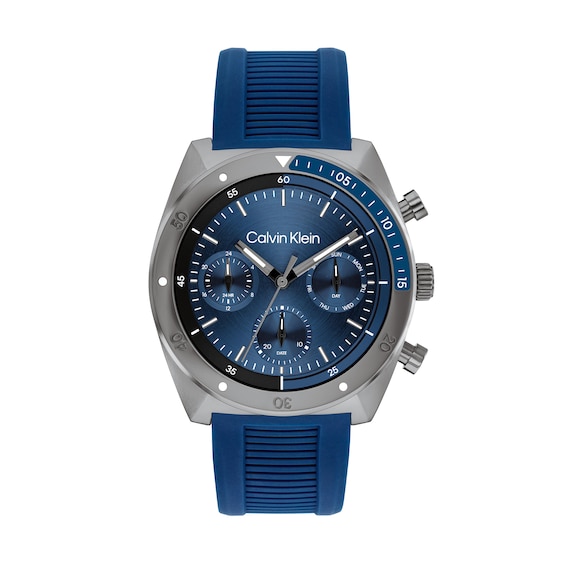 Menâs Calvin Klein Flex Grey IP Blue Silicone Strap Chronograph Watch with Blue Dial (Model: 25200468)