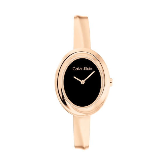 Ladiesâ Calvin Klein Twisted Bezel Rose-Tone IP Bangle Watch with Black Dial (Model: 25100057)