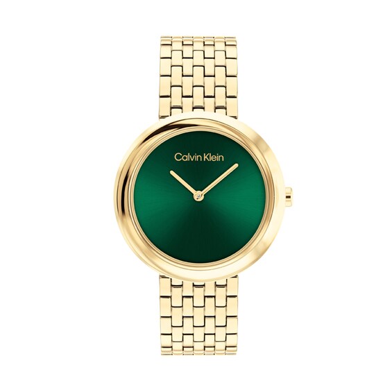 Ladiesâ Calvin Klein Twisted Bezel Gold-Tone IP Watch with Green Dial (Model: 25300066)